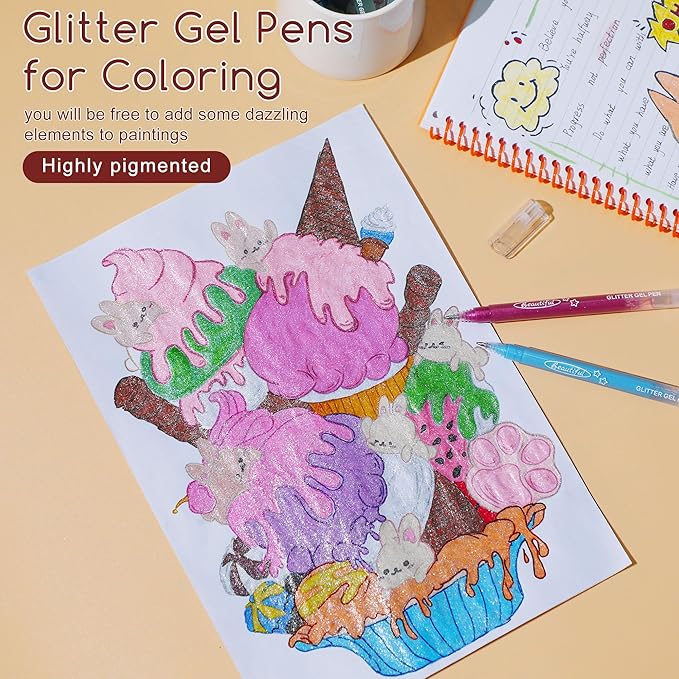 miikoul Super Glitter Gel Pens, 24 Pack 1.0 Mm Fine Point Large Capacity Colored Pen Water-Based Ink Drawing Pens Metallic Sparkly Markers for Kids Adults Coloring DIY Crafts Greeting Birthday Cards