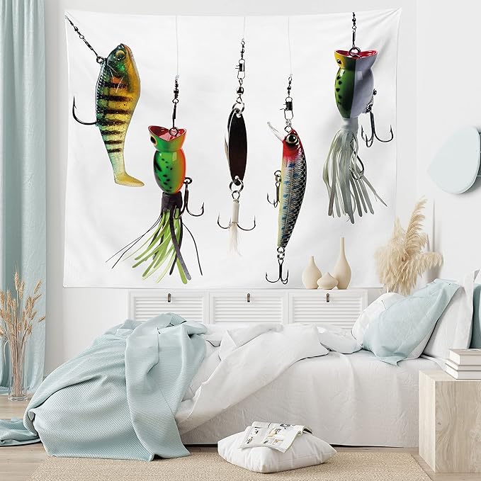 Ambesonne Fishing Tapestry, Various Type of Fishing Baits Hobby Leisure Passtime Sports Hooks Catch Elements, Wide Wall Hanging for Bedroom Living Room Dorm, 80" X 60", White Multicolor