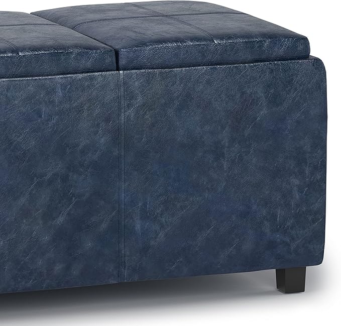 SIMPLIHOME Avalon Storage Ottoman - 42 inch Wide Upholstered Vegan Leather Rectangular Flip-Top Ottoman in Denim Blue, Contemporary Coffee Table Ottoman for Living Room with Hidden Storage