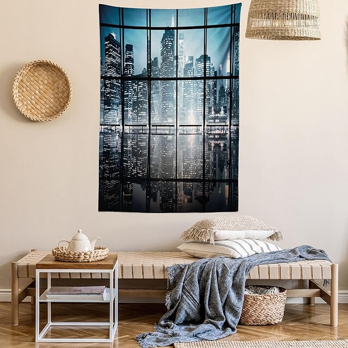 Ambesonne Modern Tapestry, Modern New York City Scenery at Night with Skyscrapers Buildings Print, Fabric Wall Hanging Decor for Bedroom Living Room Dorm, 30" X 45", Black Blue