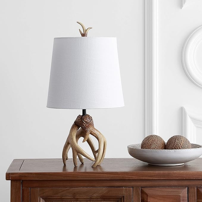 JONATHAN Y 19" Natural Antler Resin Table Lamp, Rustic Coastal Mountain Cabin Bedside Nightstand Lamp for Living Room, White Linen Shade, UL Listed, LED Bulb Included JYL4034A