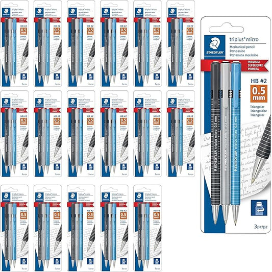 STAEDTLER Triplus Micro Mechanical Pencils 18 Pack (18 sets of 3 pcs) (#2) 0.5mm lead, Retractable with Twist Eraser, Ergonomic Triangular Grip for Writing, Drawing & Drafting, 54 Count