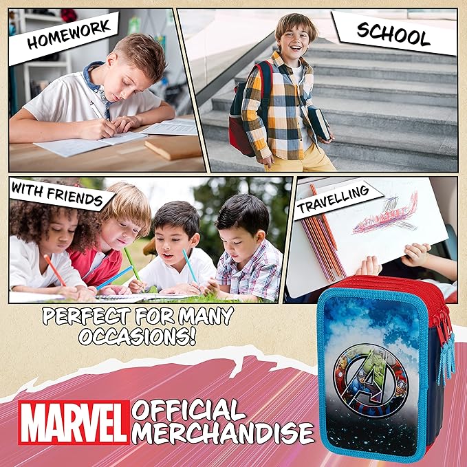 Marvel Boy's Pencil Case, Pencil Case with Compartments Filled School Supplies, Felt, Coloured Pencil, Spiderman Avengers Back to School Gift