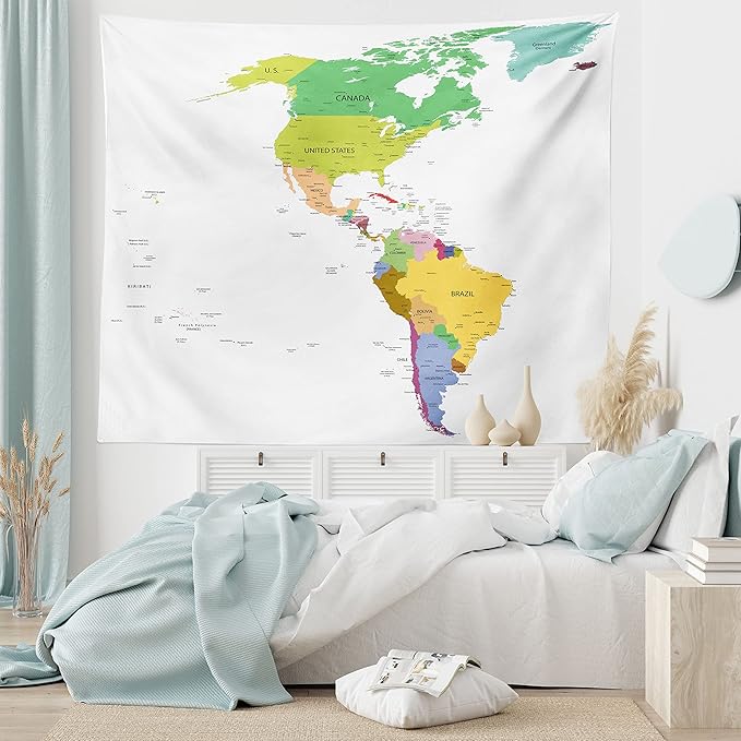 Ambesonne Map Tapestry King Size, Map of South and North America with Countries Capitals and Major Cities Colorful Design, Wall Hanging Bedspread Bed Cover Wall Decor, 104" X 88", Green White
