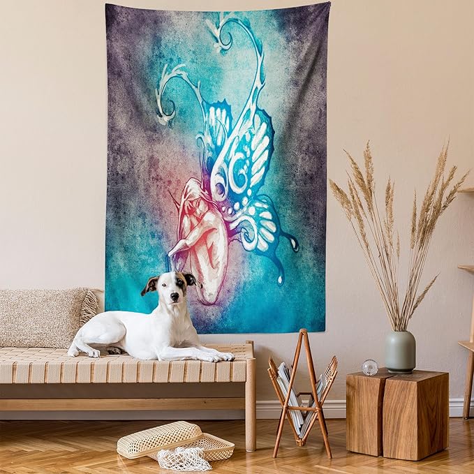 Ambesonne Butterfly Tapestry Twin Size, with Butterfly Wings Renewal Female Rebirth Psyche Lightness of Being, Wall Hanging Bedspread Bed Cover Wall Decor, 68" X 88", Blue Purple