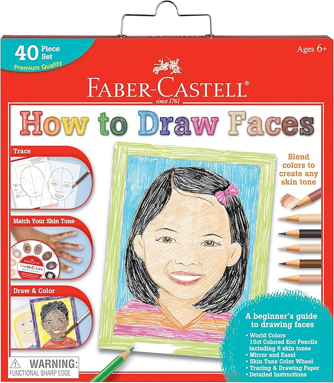 Faber-Castell World Colors How to Draw Faces Kit - Learn to Draw Portraits for Beginners - 40 Piece Skin Tone Coloring Pencils and Paper Art Set