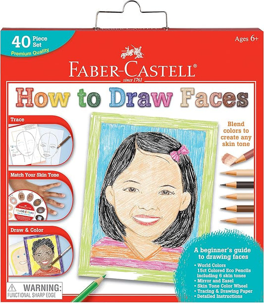 Faber-Castell World Colors How to Draw Faces Kit - Learn to Draw Portraits for Beginners - 40 Piece Skin Tone Coloring Pencils and Paper Art Set