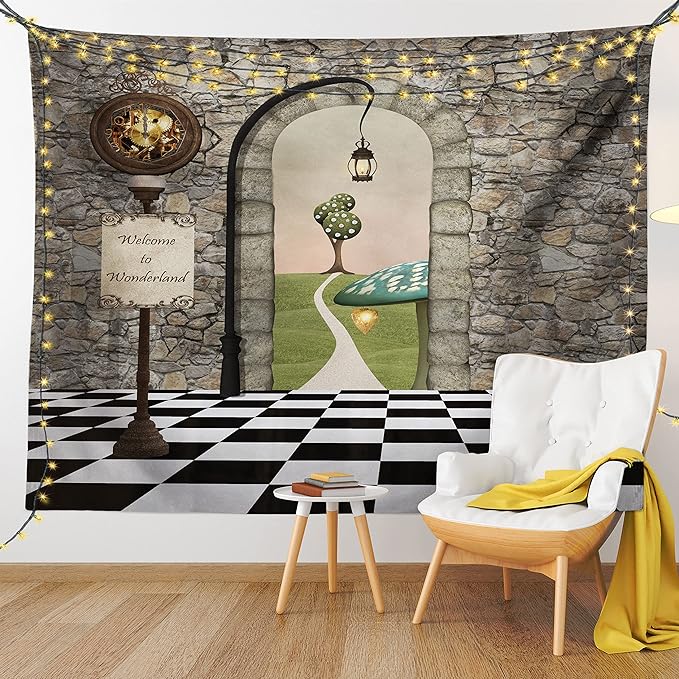 Ambesonne Alice in Wonderland Tapestry, Welcome Wonderland Black and White Floor Landscape Mushroom Lantern, Wall Hanging for Bedroom Living Room Dorm, 60" X 80", Stone Black