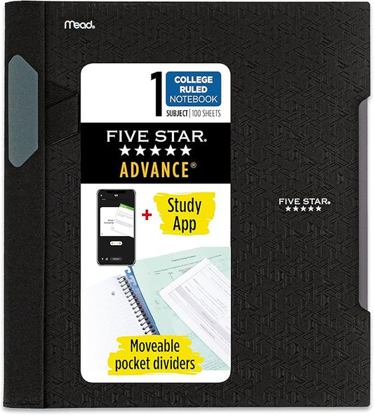 Five Star Advance Spiral Notebook + Study App, 1 Subject, College Ruled Paper, 8-1/2" x 11", 100 Sheets, Spiral Guard, Movable Tabbed Dividers, Black (820012A-ECM)