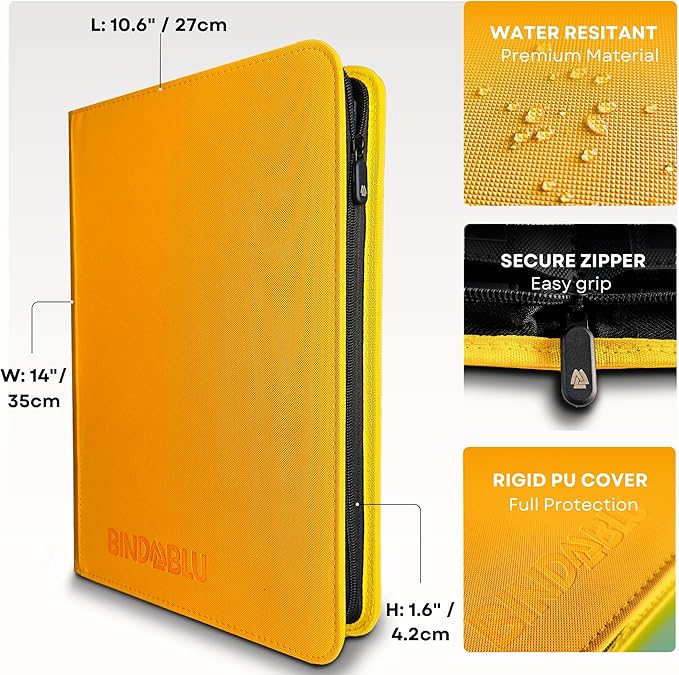9 Pocket Trading Card Zip Binder - 360 Side Loading Pocket Binder for Colletible Games, Sport, TCG - Trading Card Binder - Gift Card holder for Boys and Girls - Yellow card binder