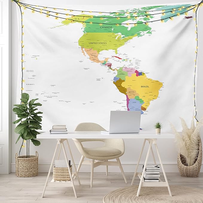 Ambesonne Map Tapestry King Size, Map of South and North America with Countries Capitals and Major Cities Colorful Design, Wall Hanging Bedspread Bed Cover Wall Decor, 104" X 88", Green White