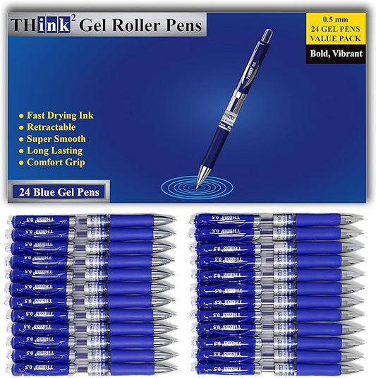 [24 Pens - Blue Ink] Think2 Retractable Gel Pens. (24 Blue) Fine Point (0.5mm) Rollerball Pens with Comfort Grip.