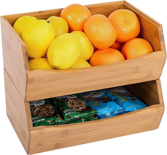 Seville Classics Bamboo Premium Organizer Storage Bins for Kitchen Silverware, Pantry, Closet, Office Desk, Pens, Utensils, Makeup, K Cup, Bamboo, Stackable Bin Set (2 Piece)