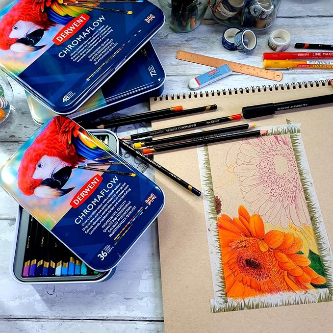 Derwent Chromaflow Colored Pencils Tin, Set of 48, Great for Holiday Gifts, 4mm Wide Core, Multicolor, Smooth Texture, Art Supplies for Drawing, Blending, Sketching, Professional Quality (2306013)
