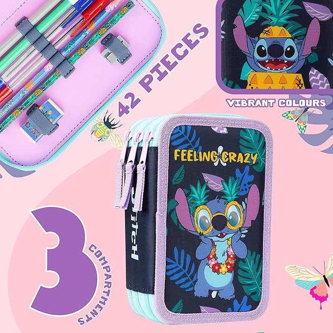 Disney Stitch Filled Pencil Case with Colored Pencils, Markers, Gifts for Girls Kids, Stationery School Art Supplies Pouch Holder Organizer (Multi Stitch Triple Zip)