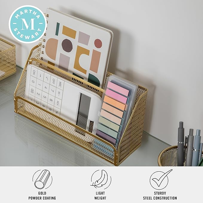 Martha Stewart Ryder Gold Mesh Metal 6 Piece Set Desktop Organizers and Accessories, Holds Files, Magazines, Letters, Pens, Sticky Notes and Business Cards