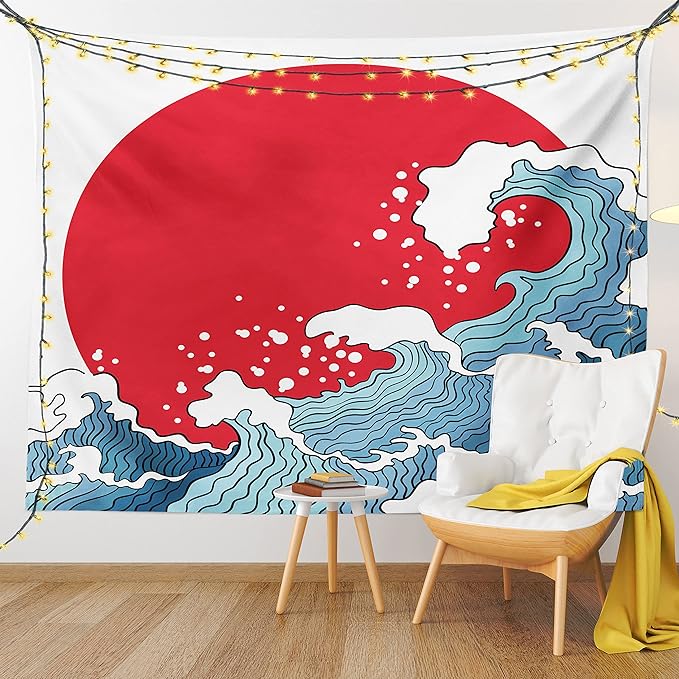 Ambesonne Japanese Wave Tapestry Twin Size, Big Red Sun Setting Scenery Tropical Nautical Tsunami Swirls, Wall Hanging Bedspread Bed Cover Wall Decor, Twin Size, Red Blue White