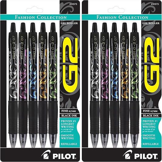Pilot, G2 Premium Gel Roller Pens, Fine Point 0.7 mm, Fashion Collection, Black, Pack of 10
