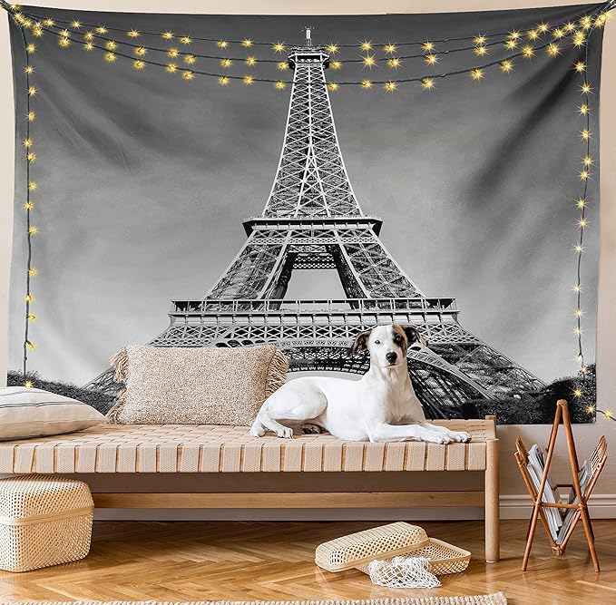 Ambesonne Eiffel Tower Tapestry Twin Size, Paris Landmark Monochrome Picture of Cityscape European Urban Famous Place Image, Wall Hanging Bedspread Bed Cover Wall Decor, 68" X 88", Grey