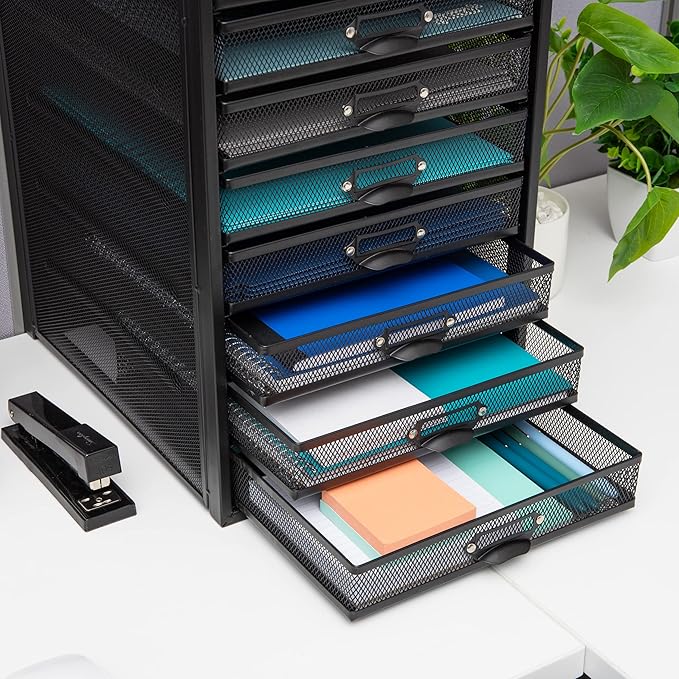 Mind Reader 10-Drawer Desk Organizer for Office Supplies, Crafts, Mail Sorting & More, Metal Mesh, 10.75"L x 14"W x 21.25"H, Black