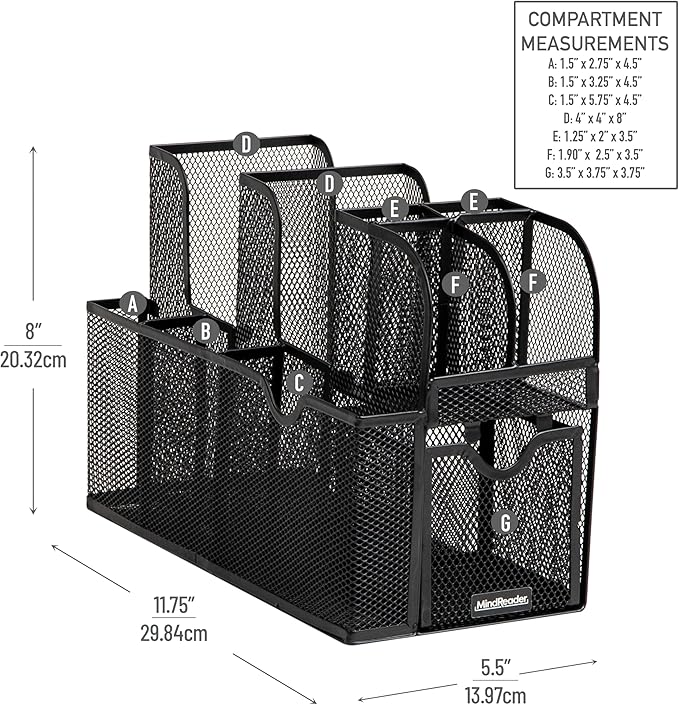 Mind Reader Countertop Organizer, Office Breakroom or Desktop Storage, 10-Compartment Caddy, Metal Mesh, Black