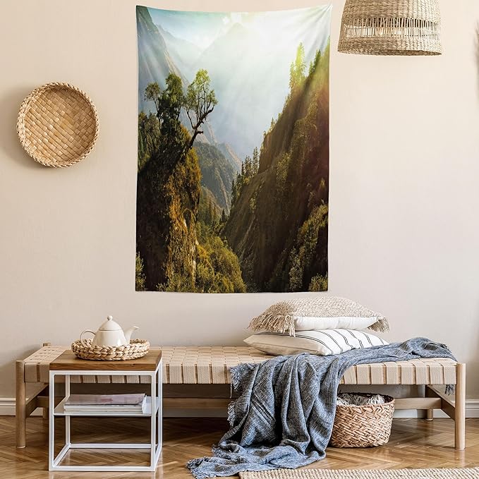 Ambesonne Landscape Tapestry, Forest Nepal Himalaya Mountains Sunlight Majestic Scenery Nature Photo, Fabric Wall Hanging Decor for Bedroom Living Room Dorm, 30" X 45", Green Pale Yellow