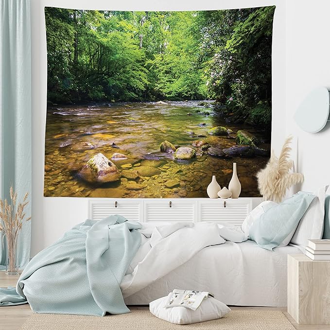 Ambesonne Appalachian Tapestry, Oconaluftee River at Smoky Mountains National Park, Fabric Wall Hanging Decor for Bedroom Living Room Dorm, 28" X 23", Lime Green Charcoal Grey
