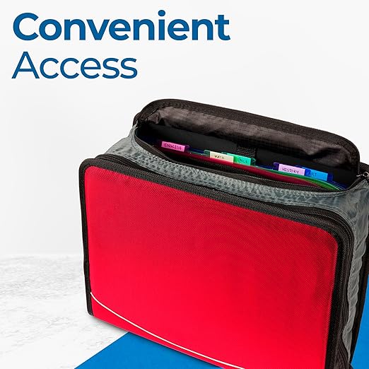 Case-it King Sized Zip Tab School Zipper Binder | 4-Inch D-Rings, 800 Sheet Capacity, 5-Subject Expanding File Folder, Multiple Pockets & Storage Organizer, Shoulder Strap | D-186 Fire Engine Red