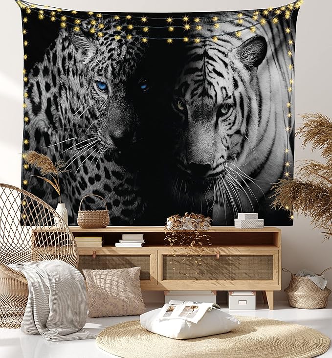 Ambesonne Leopard Tapestry, Animal Eyes Aggressive Powerful Wildcat Profile Print Monochrome Design, Fabric Wall Hanging Decor for Bedroom Living Room Dorm, 30" X 45", Black White Blue