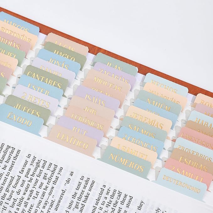 Spanish Bible Tabs, Multicolor 66 Gold Foil Lettering Chapter Labels + 39 Blank Tabs for DIY, Includes Alignment Ruler, Bible Index Stickers in Spanish, Bible Journaling Supplies for Women Study