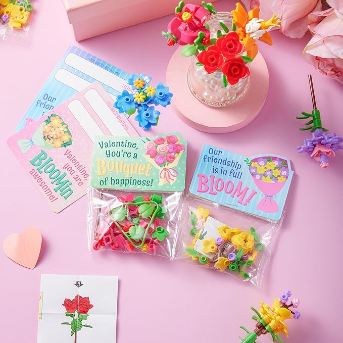 JOYIN 24 Pcs Valentine's Day Flower Bouquet Building Blocks with Cards, 6 Flower Block Designs with 6 Matching Tags, Valentines Day Gifts for Kids School Classroom Exchange Prize Party Favor