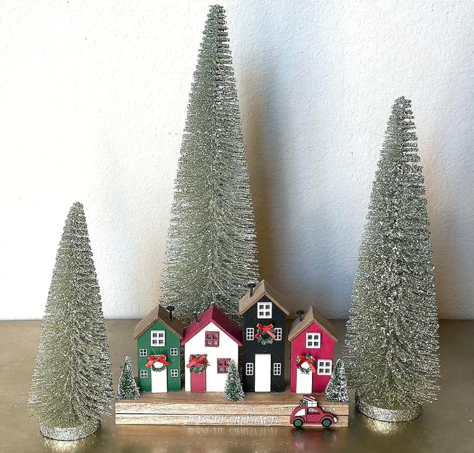 RAZ Imports Set of 3 Bottle Brush Trees – 17”, 14”, 9” Modern Christmas Holiday Winter Décor – Glittery Tabletop Mini Trees for Home Office Shelf Desk Mantel Fireplace Decoration (Champagne Green)