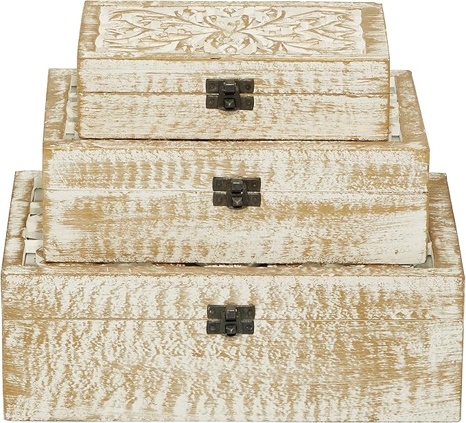 Deco 79 Mango Wood Floral Handmade Decorative Box Decorative Keepsake Boxes with Hinged Lid, Set of 3 Storage Boxes 8", 10", 12"W, White