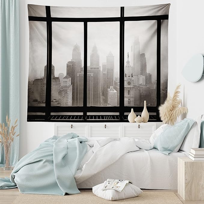 Ambesonne City Tapestry, Philadelphia City Rooftop View Through Window Skyline Landmark Rooftop Travel, Wide Wall Hanging for Bedroom Living Room Dorm, 80" X 60", Grey Black