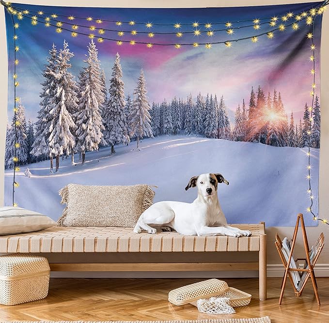 Ambesonne Winter Tapestry Queen Size, Idyllic Panorama of Winter Sunrise in Snow Covered Mountains Serenity Freshness, Wall Hanging Bedspread Bed Cover Wall Decor, 88" X 88", Pastel Lavender