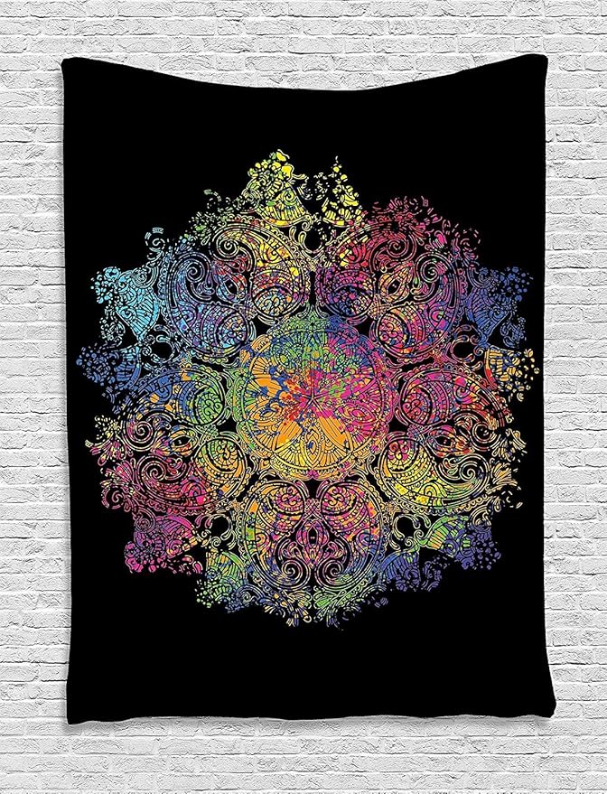 Ambesonne Psychedelic Tapestry, Colorful Mandala Pattern Cosmos Universe Graphic Print, Wall Hanging for Bedroom Living Room Dorm Decor, 60" X 80", Black Pink