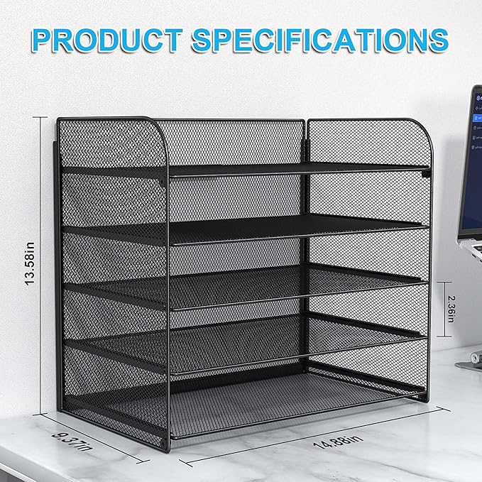 Legal/A4 5 Tier Paper Organizer,Paper Tray Holder for Desk,Letter Size File Holder/Sorter,File Folders Shelf Organizer for Office,School,Home,Solid Steel,Mesh,Sturdy,Leakproof,Large Capacity