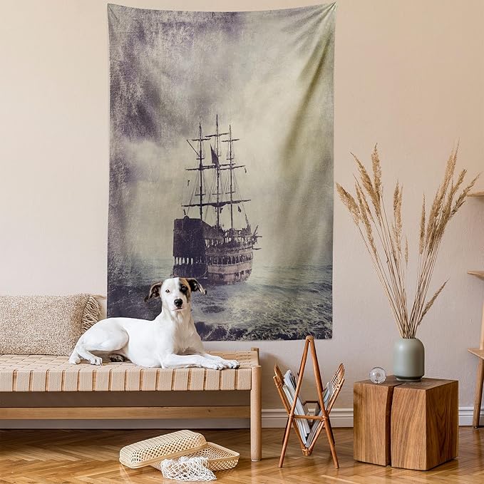 Ambesonne Nautical Tapestry Queen Size, Old Pirate Ship in the Sea Historical Cruise Retro Voyage Grunge Style Art, Wall Hanging Bedspread Bed Cover Wall Decor, 88" X 88", Tan Plum