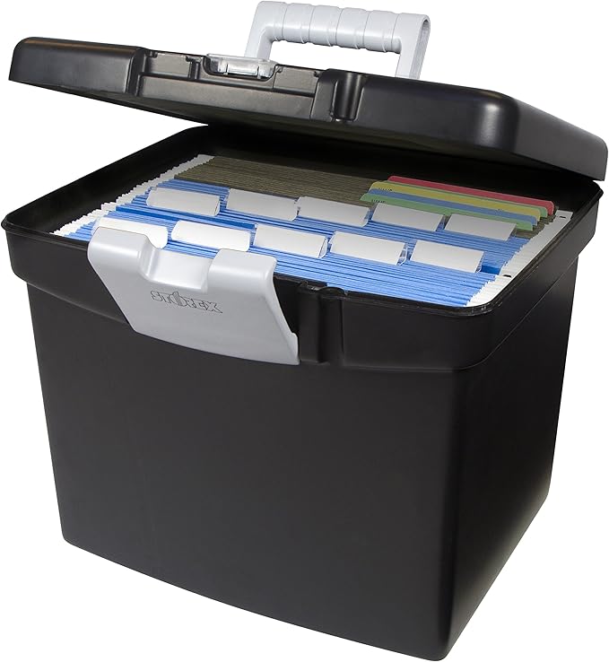 Storex 61504B02C Portable File Box with XL Lid, 11 x 13-1/2 x 11 Inches, Black (Pack of 3)
