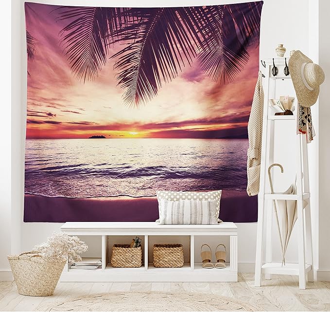 Ambesonne Palm Tree Tapestry, Tropical Beach Under Shadows at Sunset Ocean Waves Serenity of Paradise in Nature, Fabric Wall Hanging Decor for Bedroom Living Room Dorm, 45" X 30", Yellow Purple