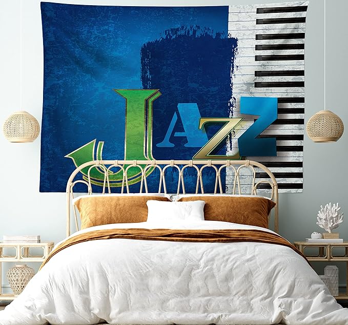 Ambesonne Jazz Music Tapestry King Size, Abstract Cracked Background Piano Keys Themed Print Rhytym Image, Wall Hanging Bedspread Bed Cover Wall Decor, 104" X 88", Navy Green White