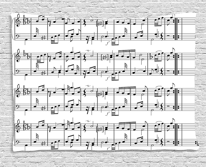 Ambesonne Music Tapestry, Musical Notes on the Clef Illustration Ornamental Pattern Art Print, Wide Wall Hanging for Bedroom Living Room Dorm, 80" X 60", Black White