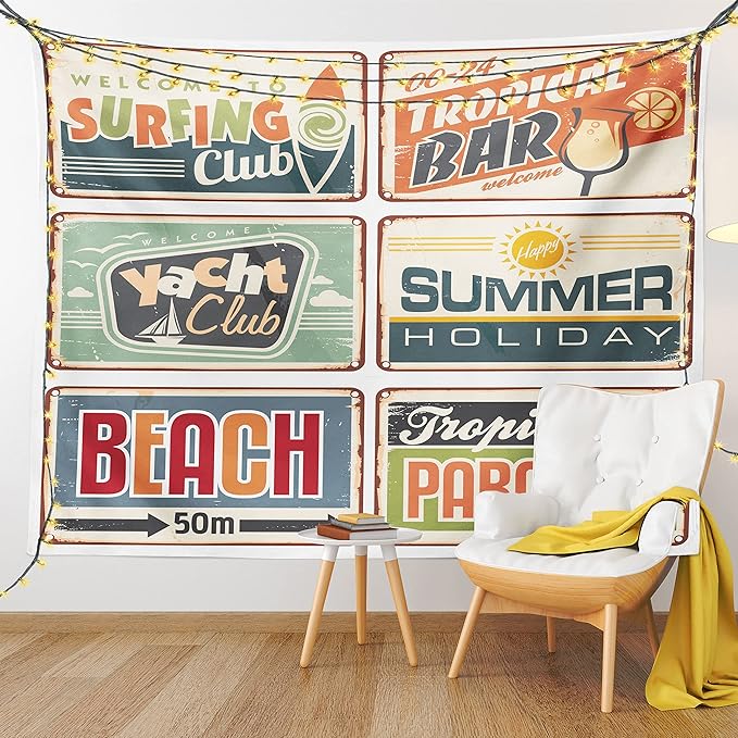 Ambesonne Retro Tapestry, Summer Holiday Vintage Camping Beach Sign Boards in Old Style Faint Colors Art Print, Wide Wall Hanging for Bedroom Living Room Dorm, 60" X 40", Cream