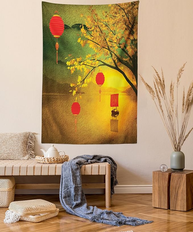 Ambesonne Oriental Tapestry Queen Size, Traditional Chinese Folk Hanging from Pale Fall Trees Lake Faded Nature Photo, Wall Hanging Bedspread Bed Cover Wall Decor, 88" X 88", Yellow Green