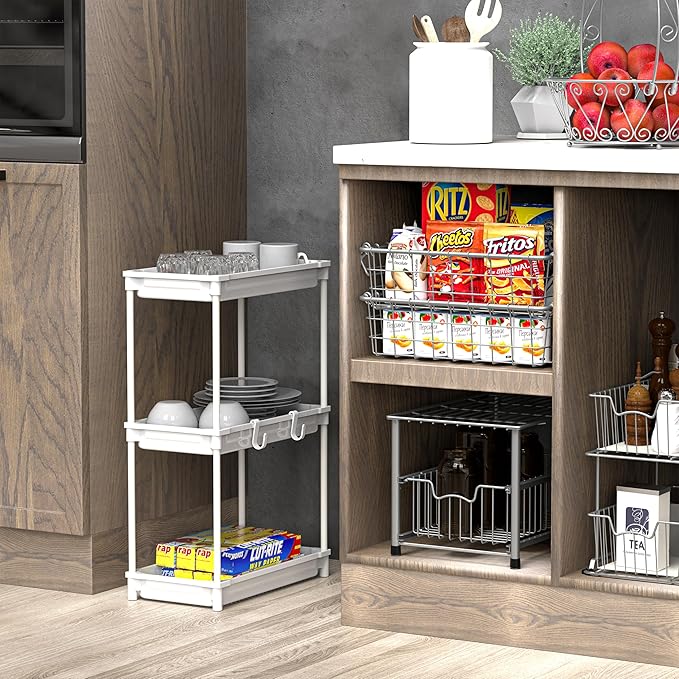 SimpleHouseware Standard 3-Tier Slim Rolling Storage Cart, White