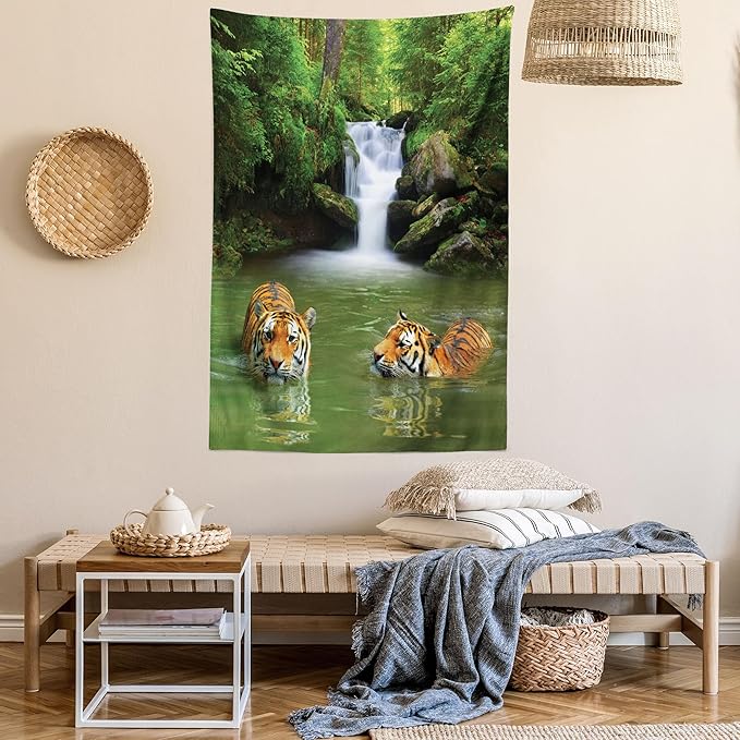 Ambesonne Savannah Tapestry, Siberian Tigers in Water Waterfall Pool Woodland Swimming Natural, Fabric Wall Hanging Decor for Bedroom Living Room Dorm, 23" X 28", Reseda Green Orange