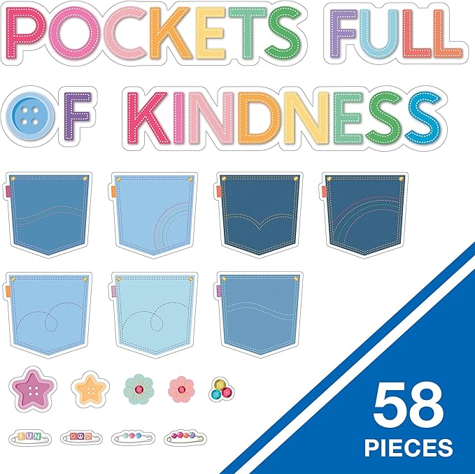 Carson Dellosa Crafty and Cool 58-Piece Pockets Full of Kindness Motivational Bulletin Board Set, Arts and Crafts Theme Growth Mindset Classroom Decor