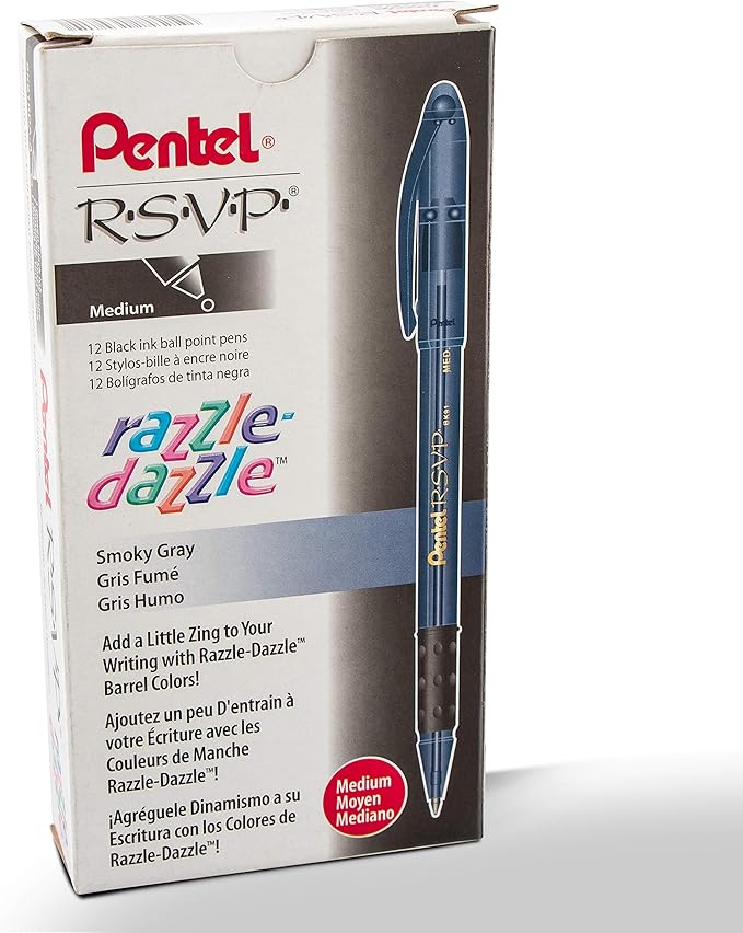Pentel RSVP Razzle-Dazzle Ballpoint Pen, (1.0mm) Medium Line, Black Barrel, Black Ink, Box of 12 (BK91RDA-A)