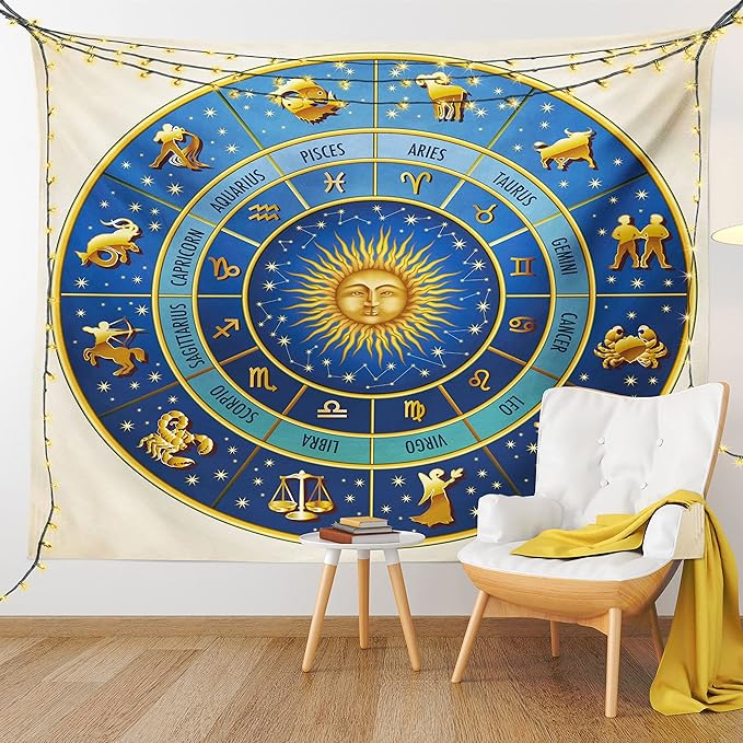 Ambesonne Astrology Tapestry Twin Size, Wheel of Astrological Signs Names Dates Moon Sun in Middle, Wall Hanging Bedspread Bed Cover Wall Decor, Twin Size, Blue Yellow and Cream