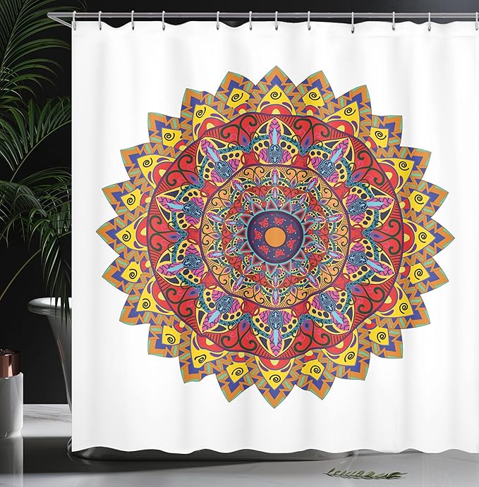 Ambesonne Ethnic Shower Curtain, Bohemic Hippie Design with Geometric Oriental Shapes Image Print, Cloth Fabric Bathroom Decor Set with Hooks, 69" W x 70" L, White